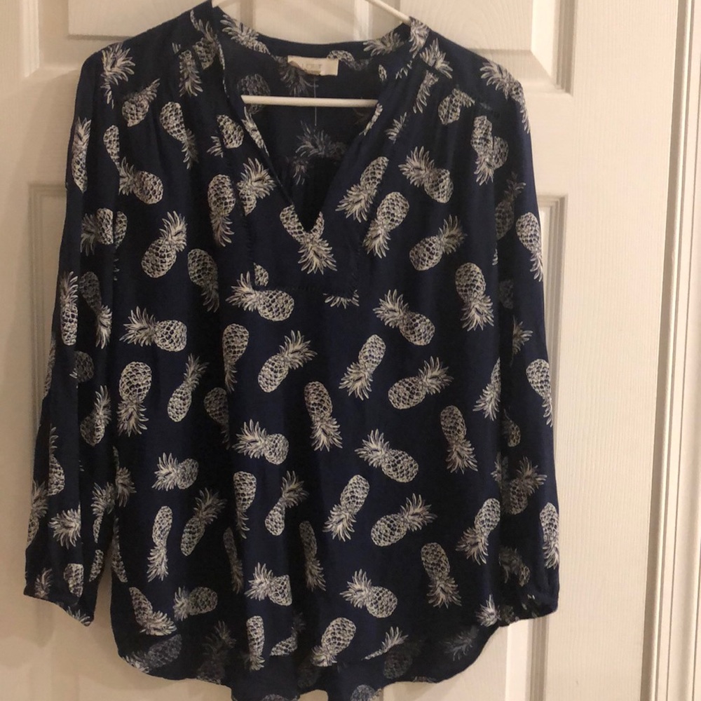 Loft Pineapple Navy Blue Blouse Size Medium